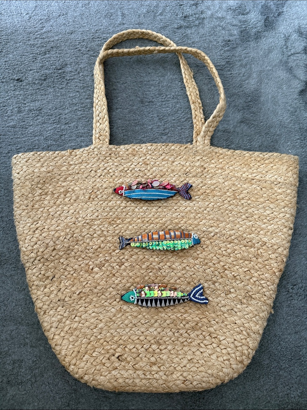 ASOS Natural Straw Tote with Colorful Fish Appliqués